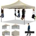 COBIZI 10x10 Heavy Duty Pop up Canopy with 4 Removable Sidewalls, Canopy Tent with Portable Bag, Pop up Tent Commercial Gazebo Waterproof Sunshade for All Weather Party Camp Stall Patio,Khaki