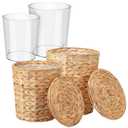 2 Pcs Wicker Trash Can with Lid and Liner, 2.7 Gallon and 1.88 Gallon Wastebasket Garbage Can Boho Storage Basket for Bathroom Bedroom Home Office Kitchen