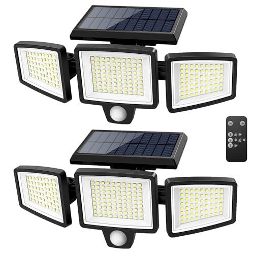 Tuffenough Solar Outdoor Lights 2500LM 210 LED Security Lights with Remote Control,3 Heads Motion Sensor Lights, IP65 Waterproof,270° Wide Angle Flood Wall Lights with 3 Modes(1 Packs)