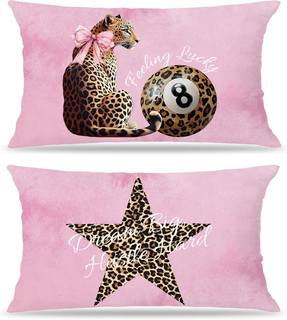 Trendy Pink Cheetah Print Pillow Covers 18x18, Cheetah Print Room Decor, Preppy Leopard Lucky 8 Ball Star Decorative Throw Pillow Covers for Girls Bedroom Living Room Home, Set of 2