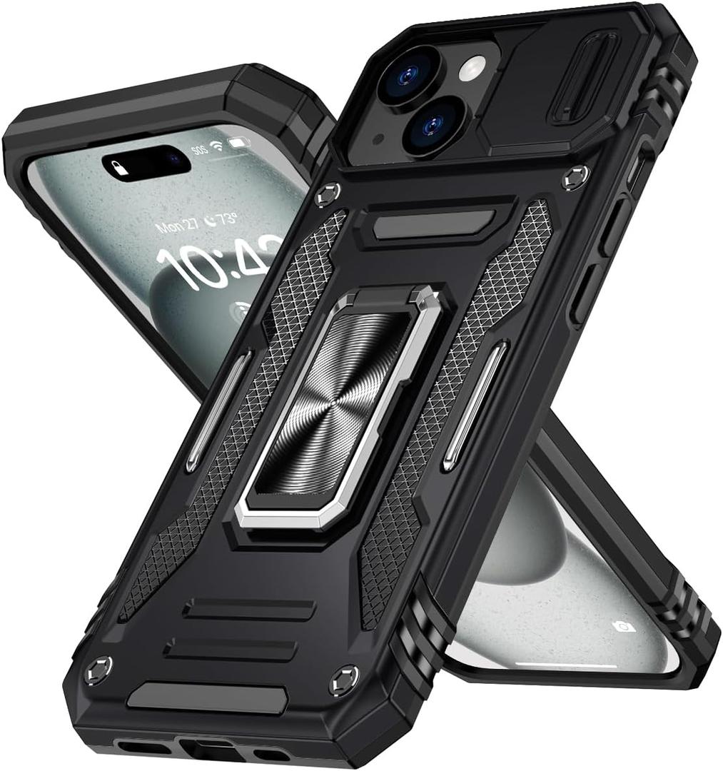 for iPhone 15 Plus Case with Stand,Slide Camera Cover,Military-Grade Matte Back Slim Fit Shockproof Protective Cover Compatible with iPhone 15 Plus,Working with Magnetic Car Mounts, Black 5.41