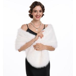 SAFERIN Women's Winter Faux Fake Fur Straight Wedding Halloween Party Custume Accessory Scarf Wrap Collar Shawl Shrug (Thin-soild White)