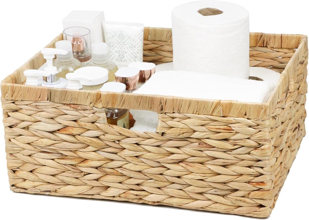 Jumbo Wicker Basket, Rectangular Wicker Baskets for Storage, Water Hyacinth Extra Large Storage Baskets, Shelf Basket with Built-in Handles-1 Pack (Natural)