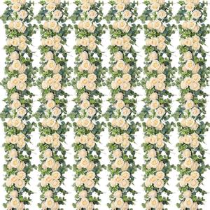 Riceshoot 6 Pcs 4 Pack 26 ft Artificial Eucalyptus Vines Garland with Flowers Faux Floral Greenery Garlands Rose Wreath for Wedding Party Arch Table Decor Backdrop Decorations (Champagne), 6.56 feet