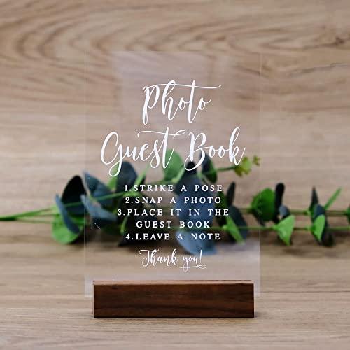 Clear Acrylic Photo Guest Book Signs with Wood Stand- 5”x 7" Clear Acrylic Wedding Reception Sign with Holder, Snap A Photo Sign for Wedding Reception & Event Party
