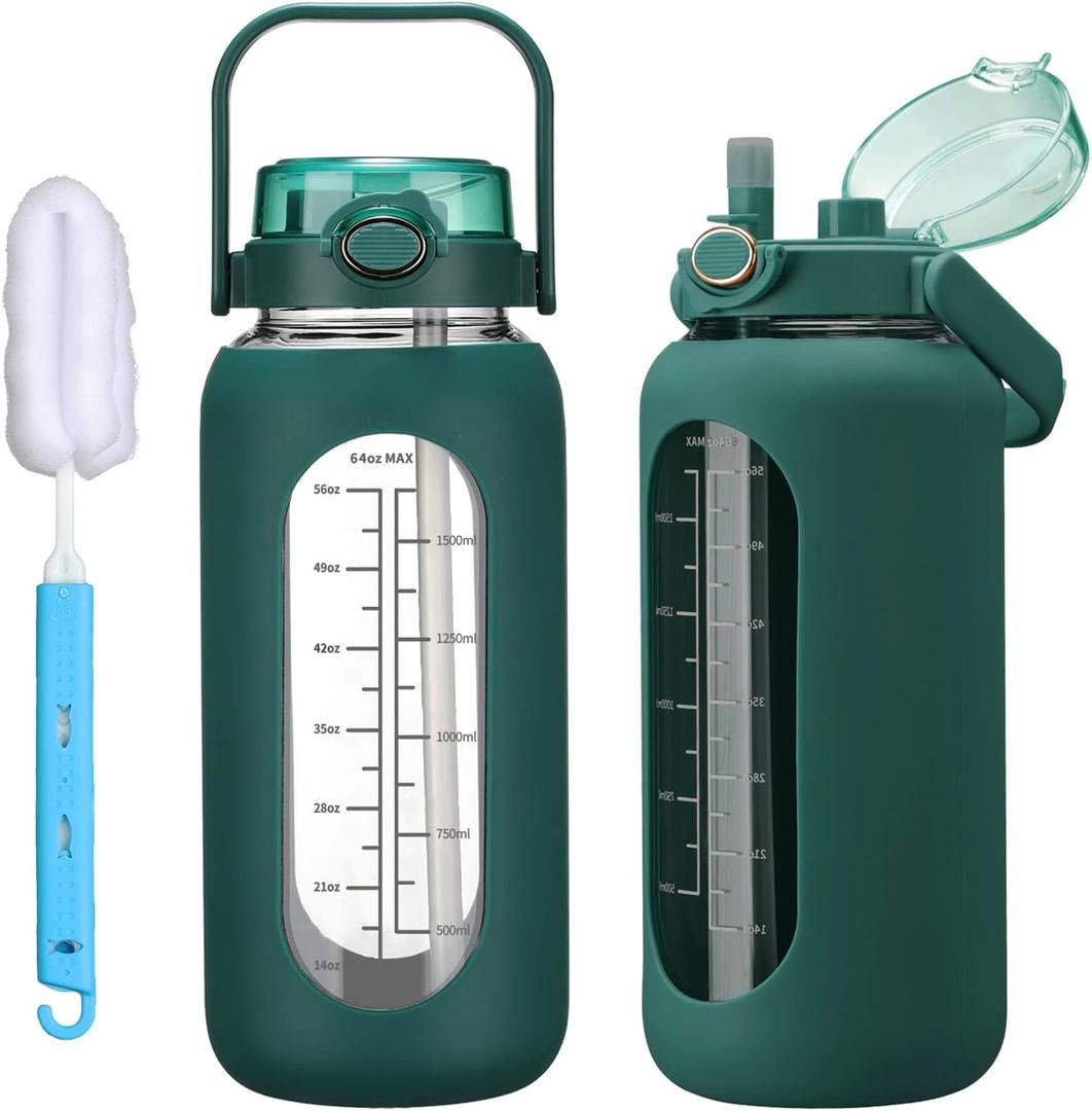 42oz Glass Water Bolttles with Straw Half Gallon Large Motivational Water Bottle with Time Marker Sports Water Bottles with Silicone Sleeve and Handle Lid Water Jug for Gym Workout (Dark Green)