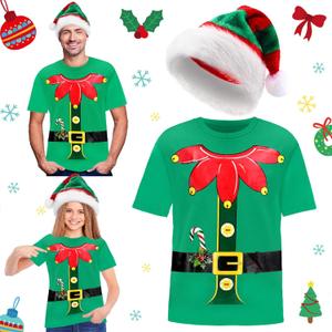 Geyoga 2 Pcs Christmas Elf Shirts for Adult Costume Novelty Funny Christmas Shirt Green Red Elf Hat Unisex for Women Men (Small)