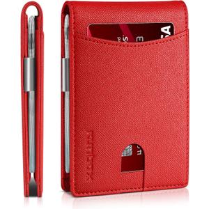 RUNBOX Slim Money Clip Wallets for Men RFID Blocking 11 Card Holder Minimalist Small Leather Bifold Men's Front Pocket Wallet Gift Box (A pure red)