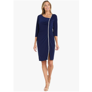 R&M Richards Elegant Knee Length 3/4 Sleeve Asymmetric Neckline Dress W/ & Rhinestone Trim & Slit, Size 18