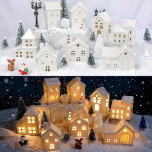30 Pcs LED Christmas Village Set, 8 Ceramic Christmas Village Houses 17 Xmas Trees 2 Lamp Post with Snowman Santa Claus Deer Farmhouse Scenes Decor for Tabletop Mantel Holiday Display Gift (White)