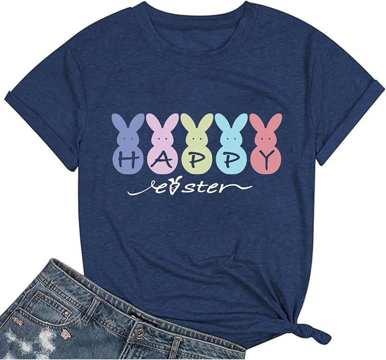 Women's Easter T-Shirt, Funny Bunny and Eggs Graphic Printed Crew Neck Short Sleeve Top, Size M