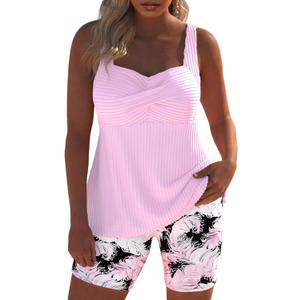 Modlily Surplice Tankini Swimsuits for Women, Two Piece Print Bathing Suit, Modest Coverage Tank Top with Board Shorts, Large