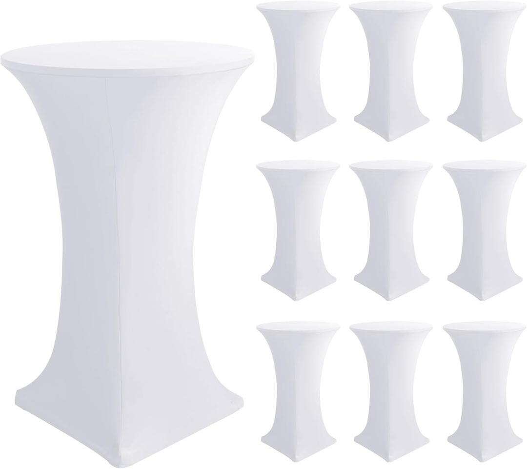 Cocktail Table Covers-Spandex Round High Top Table Cloths 10 Pack 32x43 Inch-White Stretch Fitted Bar Tall Tablecloth for Pub Bistro Highboy Party Event Banquet Height Folding Standing