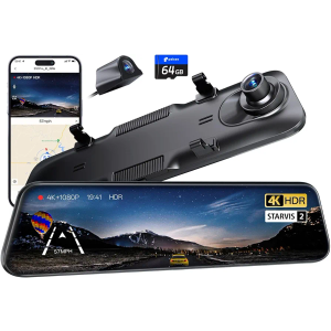 Pelsee S12 Pro Mirror Dash Cam with STARVIS 2 Sensor, Rear View Mirror Camera 5.8GHz WiFi, 4K Front and 1080P Rear Backup Camera for Car, ADAS &BSD, Voice Control, Color Night Vision, 64G Meomory Card