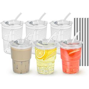 15 oz Plastic Iced Coffee Cups with Lids and Straws Set of 6, Unbreakable Drinking Glasses Reusable Iced Coffee Glass to Go Cup for Matcha Tea Smoothie Juice Cup Dishwasher Safe