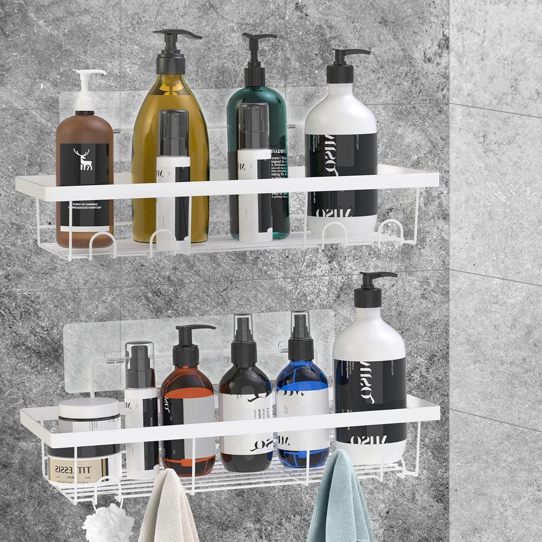 Durmmur 2 Pack Adhesive White Shower Caddy Organizer with Hooks, Rustproof No Drilling Wall Mounted Storage Shelf Rack for Inside Shower/Bathroom/Kitchen