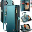 Defencase Compatible with iPhone 17 Case Wallet with RFID Blocking Card Holder for Women and Men, Fashion PU Leather Magnetic Snap Flip Zipper Strap Wallet Phone Case for iPhone 17 6.3", Blue Green