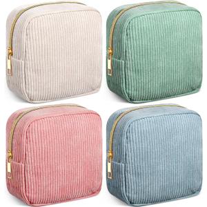 Dansydaisy 4 Pcs Sanitary Napkin Storage Bag Blue Corduroy Period Bag for Gift School Teen Makeup Mini Preppy Cosmetic Wallet Set for Women Teacher Portable First Period Cute Pad Pouch with Zipper (Morandi Color)