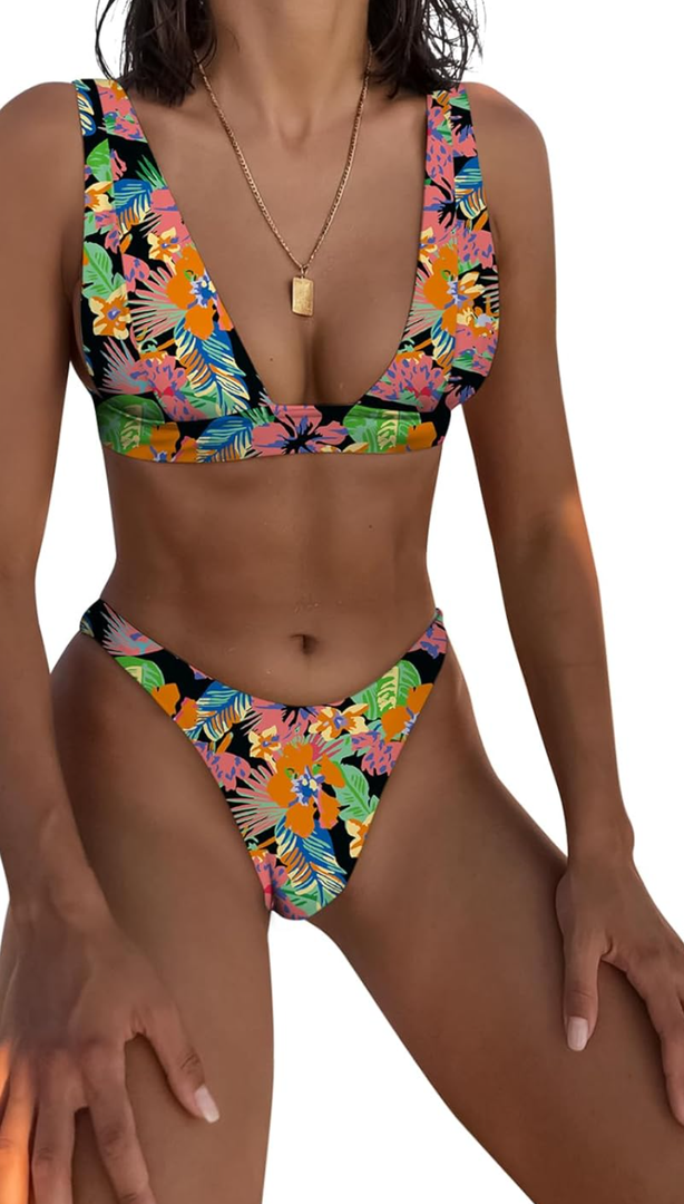 Bathing Suits for Women Deep V Neck Sexy Two Piece Bikini Sets for Women Thong Halter Cheeky Swimsuit M