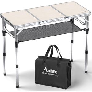 Anbte Folding Camping Table with Storage Net, 3ft Camping Table Aluminum Folding Table with 3 Adjustable Height Max 27.1 Inch, Portable, for Outdoor Backyard BBQ, Silver