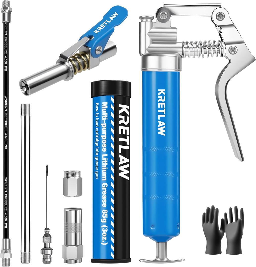KRETLAW Mini Grease Gun (3000PSI) with 3oz Cartridge Grease and 12'' Flex Hose, Grease Gun Coupler, Grease Injector Needles, Marine