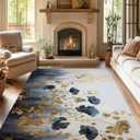 Blue Gray Flower Area Rug for Living Room, Non-Slip Backing Low Pile Modern Abstract Rug for Indoor Use, 5x7 Washable Carpet
