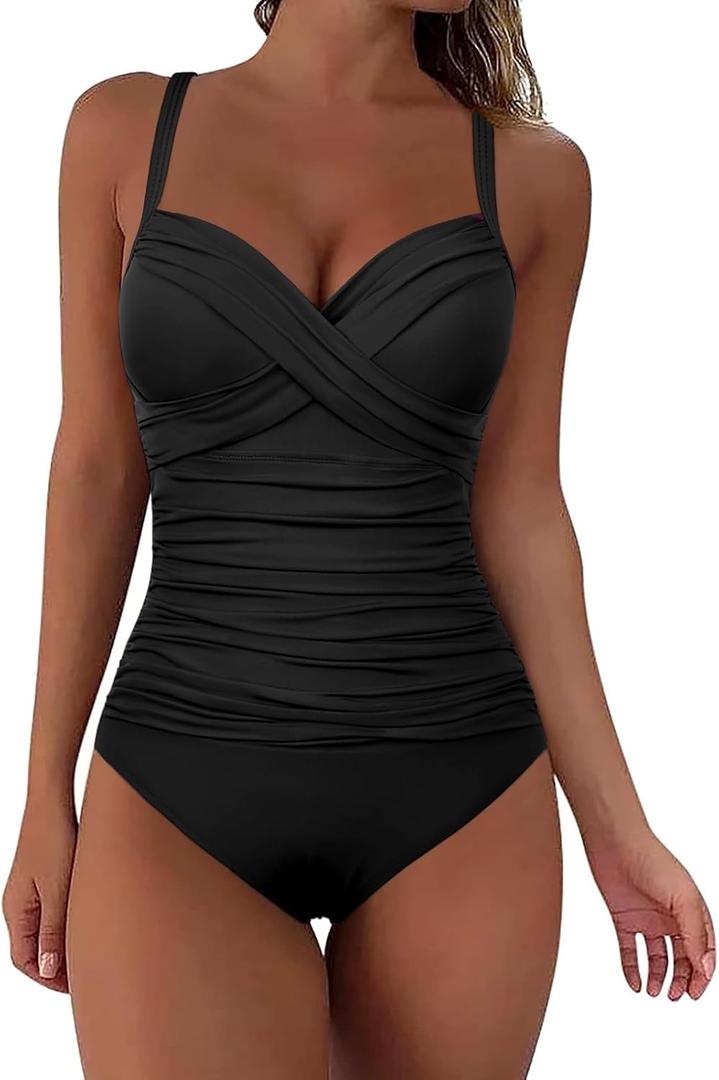 Hilor Women's Ruched Underwire One Piece Swimsuit Front Twist Swimwear Tummy Control Bathing Suit Monokini (14, Black)