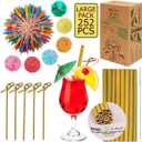 252 Pcs Cocktail Accessories for Drinks -144 Drink Umbrellas, 100 Bamboo Knot Picks 6", 8 Organic Bamboo Straws - Cocktail Umbrellas for Drinks, Appetizer Toothpicks, Tiki Cocktail Picks