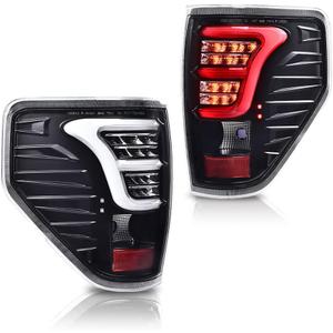 CROSSDESIGN LED Tail Lights Brake Light Assembly w/Wiring Harness w/o Bulbs Compatible with 2009-2014 Ford F150 Left & Right Side Clear Lens Black Housing w/white light bar (Only Fit LED Style)