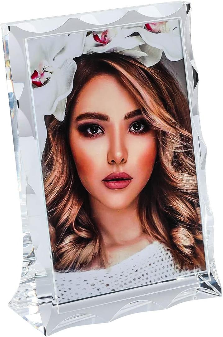 Modaier Unique Arc Crystal Picture Frame,Display Picture 4x6,Luxury Elegant Clear Crystal Glass Photo Frame With Glitter Edges For Prized Pictures Of Family,Grandma,Grandpa,Dad,Mom,Wedding,Graduation