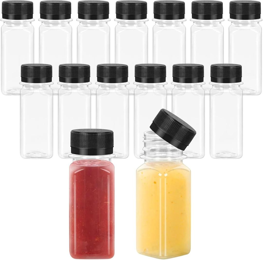 CZWESTC 15pcs 2 oz Shot Bottles with Caps, Reusable Mini Plastic Juice Bottles with Lids for Ginger Shots, Small Clear Liquid Containers for Turmeric Juice, Daycare Drinks, Several Cold Beverages