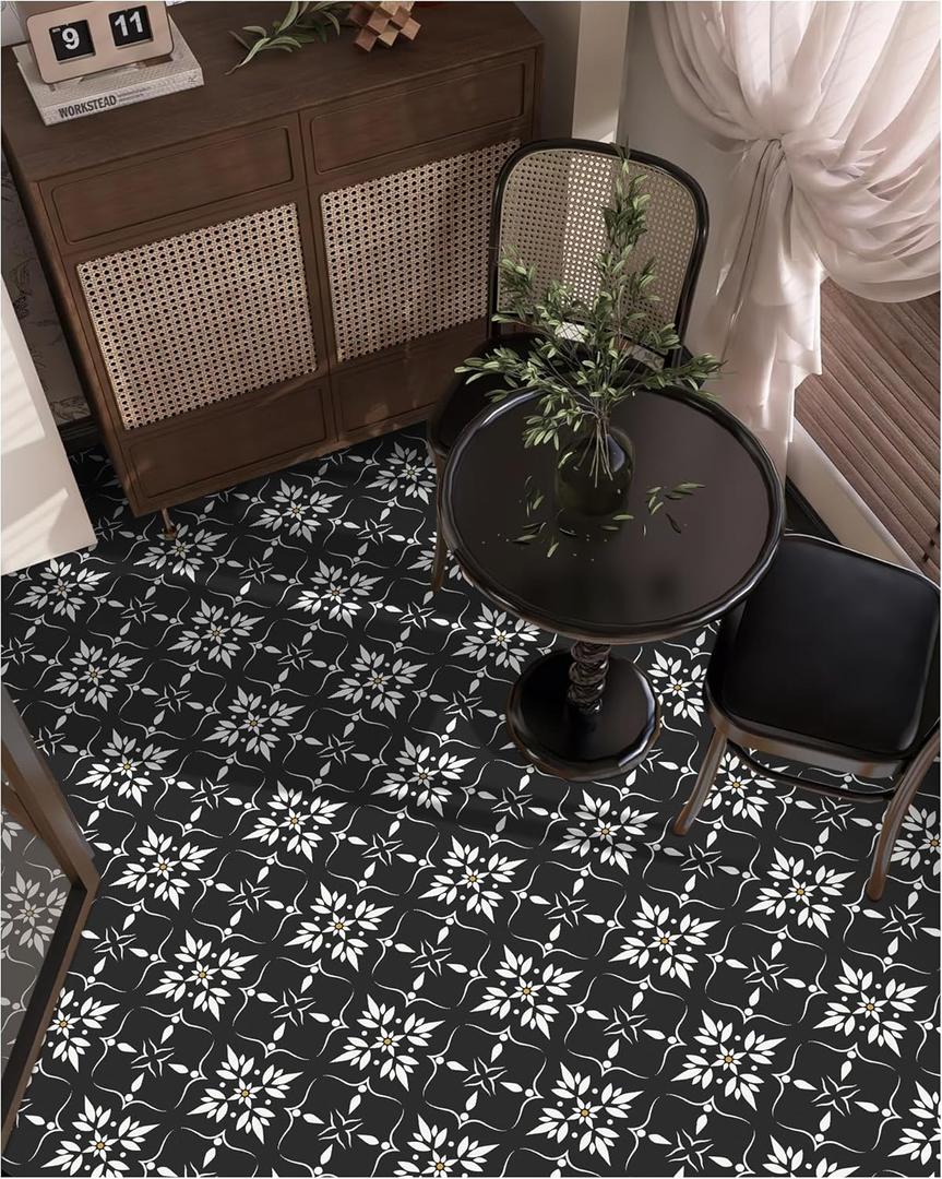 MORCART Peel and Stick Floor Tile - 20 PCS, 7.87" x 7.87" Vinyl Flooring - Waterproof Self-Adhesive Tile Sticker for Wall Backsplashes, Bathroom, Kitchen - Black Floral Look