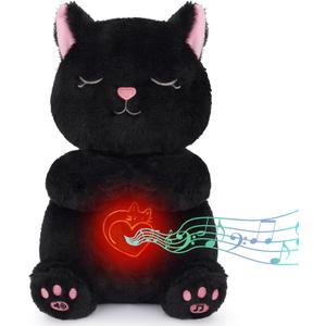 Prewplam Breathing Stuffed Animal - Black Cat Plush Baby Toy, Soothing Sound Machine with Realistic Breathing Motion and Lights, Sleeping Plushies Gifts for Anxiety Adults and Kids