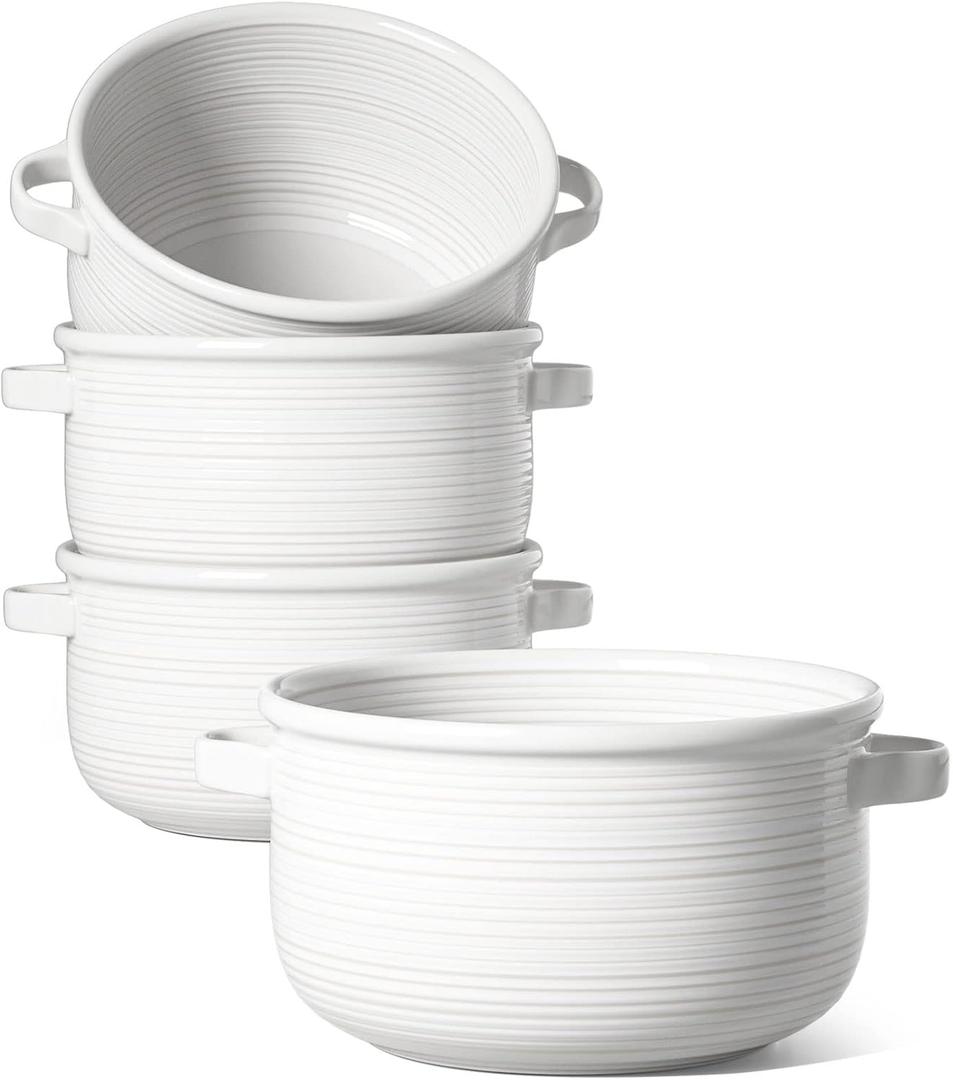 LE TAUCI Soup Bowls with Handles - 28 oz Lead-Free Ceramic French Onion Crocks, Oven and Microwave Safe, Heat-Resistant Design, Stackable, Dishwasher Safe, Set of 4, White