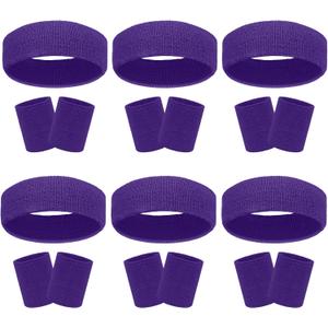 18 Pcs Sweatbands Headband Wristband Set Colorful Striped Terry Cloth Sports Athletic Gym 80s Sweat Headbands (6Pack-Purple)