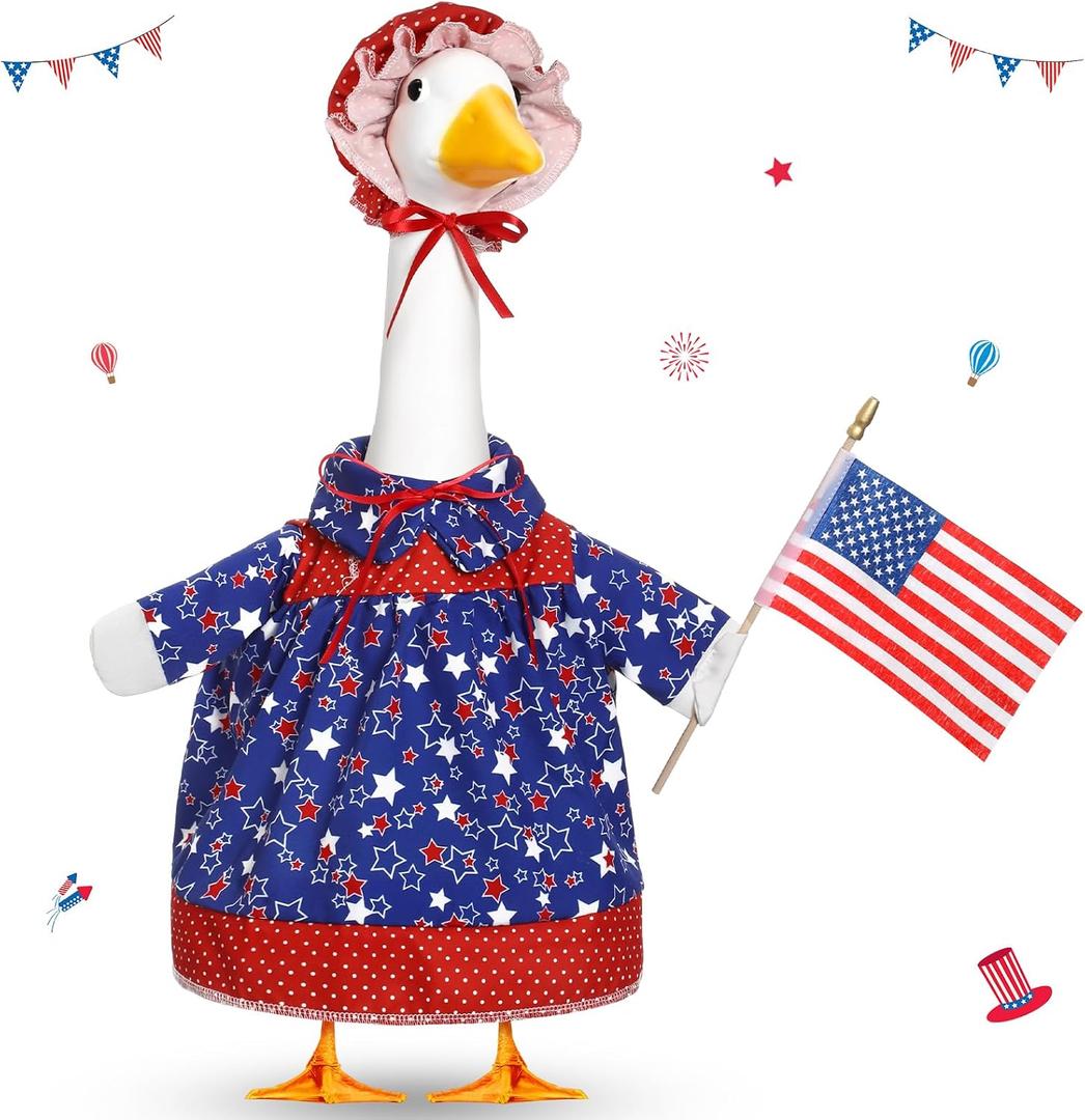 4th of July Goose Outfit Set for 23'' Plastic Lawn Porch Goose Statue Clothes Patriotic Skirt with Flag Independence Day Costume for 4th of July Outdoor Patio Yard Lawn(Red Cap)