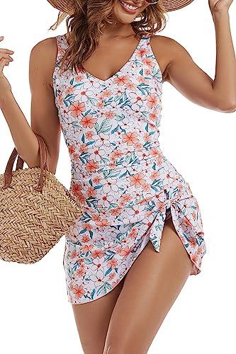 Aidonger One Piece Swim Dress Swimsuits for Women Tummy Control Swimdress Skirt V Neck Bathing Suit, Large