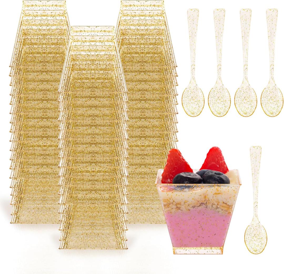 I00000 2oz Gold Glitter Square Mini Plastic Dessert Cups, 2 Ounce Small Plastic Cups with Mini Spoons, Include 100 Pieces Small Parfait Cup and 100 Pieces Gold Spoons for Pudding, Fruit and Ice Cream
