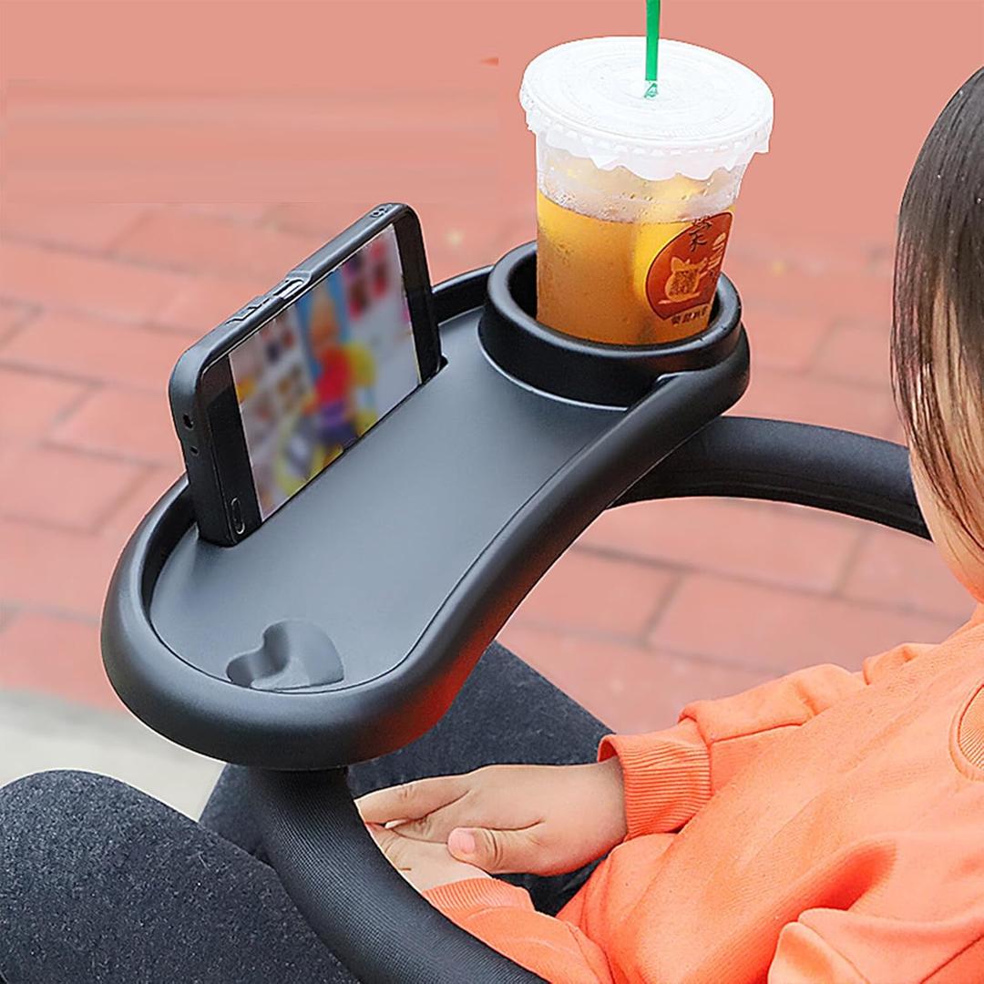Universal Stroller Snack Tray with Cup Holder, Yuehuam 3 in 1 Stroller Cup Holder with Snack Tray & Phone Holder with 2 Extendable Grip Clip for Most Flat/Round Handrail Tubes Baby Accessory