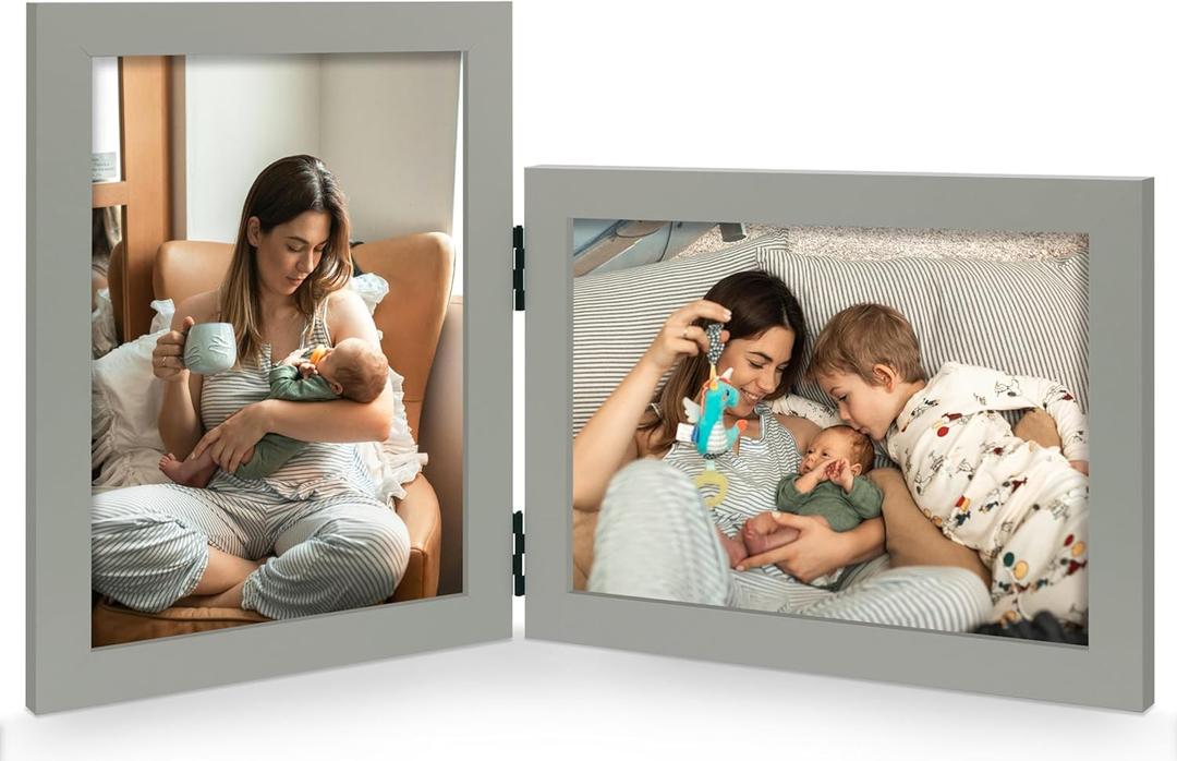Vertical Horizontal Combo, Double 5x7 Grey Wood Foldable Picture Frame, Opening 4.5x6.5, Desktop or Wall Mounted, Portrait and Landscape View