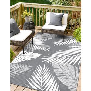 sarben Outdoor Rug 8x10 Waterproof for Patio Clearance, Reversible Indoor Outdoor Plastic Straw Camping Rug Carpet, RV Mat, Large Area Rug for Deck, Backyard, Balcony, Porch, Beach, Grey & White