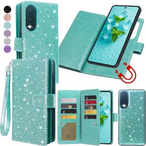 Varikke for Galaxy S25 Edge Wallet Case Detachable with RFID Blocking Card Holder for Women, Glitter Leather Strap Magnetic Flip Removable Phone Case for Samsung Galaxy S25 Edge 6.7", Mint Green