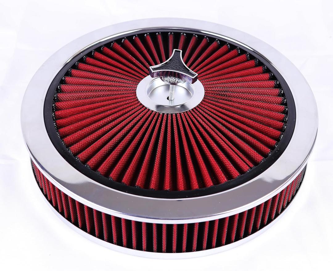 Round 14"x3" Air Cleaner Filter Assembly Kit Compatible with GMC Chevy Ford Chryler Dodge V8 Black 5-1/8" Carb Neck w/Flow-Thru Lid High Flow Chrome 4330CR