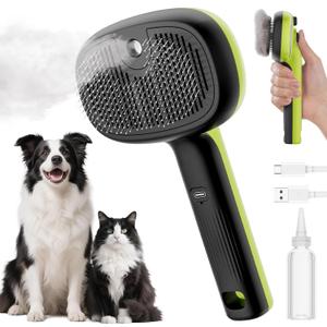 Pecute Cat Steam Brush, Self-Cleaning Steam Cat Brush with 2 Water Spray Modes, Large Capacity Tank, Steaming Renu Dog Brush for Shedding Massaging Grooming, Cool Mist Only (Green)