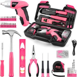 Drill Set,Cordless Drill,Small Tool Kit,112pc 3.6V USB Tool Set,Tool Kit for Dorm,Cordless & Rechargeable,Pink Home Toolbox for Women,DIY Toolbox