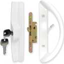 Patio Sliding Door Handle Set with Mortise Lock, Key Cylinder and Face Plate, Full Replacement Handle Lock Set Fits Door Thickness from 1-1/2" to 1-3/4", 3-15/16" Screw Hole Spacing, White