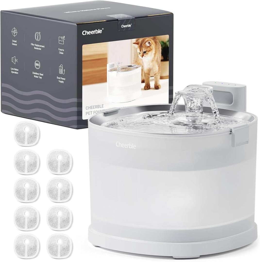Cheerble Pumpless Pet Fountain Elfin E1+ with 9 Extra Filters, Wireless Pet Fountain Battery Operated, 2L/67oz E1+ Automatic Water Dispenser Cats & Dogs MagDrive Technology No Cleaning Hassle (White)