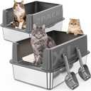 Stainless Steel Cat Litter Box with High Sides Lid,2 Pack XL Extra Large Metal Kitty Litter Pan, Non-Stick and Odor Free, Open Top Low Entry Design, Includes Scoop, Leakproof, Easy Clean,Grey