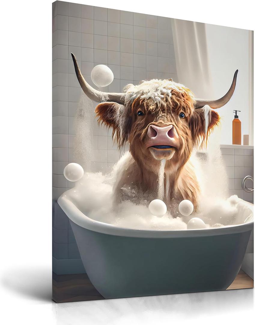 UPWOIGH Bathroom Wall Art, 12x16in Highland Cow Wall Decor,Waterproof Wood Framed Canvas Wall Art, Cute Funny Animal Bathing Abstract Prints,Modern Home Dcor for Bedroom Classroom Farmhouse Gift