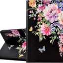 KEROM Fire HD 10 Tablet Case (9th/7th/5th Generation, 2019/2017/2015 Release), PU Leather Folio Stand Protective Cover Case with Auto Wake/Sleep, Card Slot, Pen Holder - Flowers